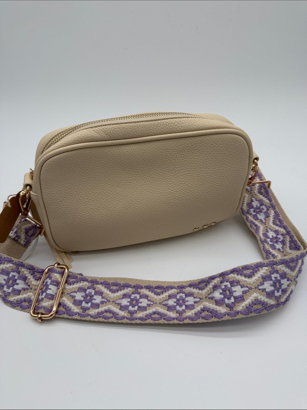 Beige Crossbody Camera Bag with Decorative Purple Strap